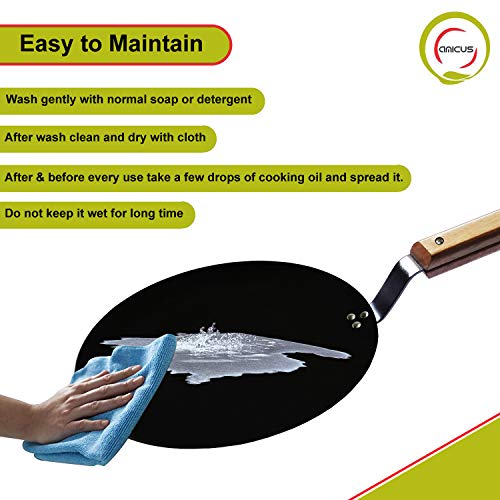 Image of amicus Pure Iron Tawa for Roti Chapati Omelette Concave Iron Tava with Wooden Handle 9 Inch 1 Kg Black Food Grade Smooth 100% Multipurpose Tawa