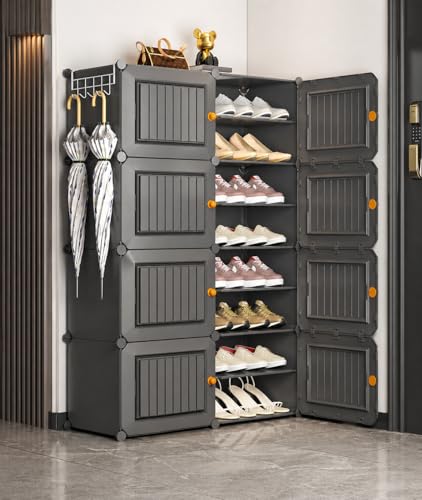 Image of Modular Shoe Rack Organizer with Drawer Storage, Multi-Layer Foldable Shoe Cabinet with Dustproof Doors for Home Entryway Bedroom (HZ-Grey, 8-Door)