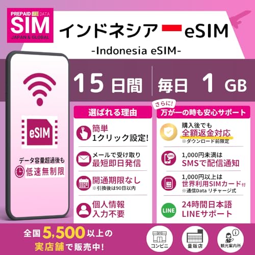 [ �C���h�l�V�A eSIM ] �I�����C���ŒZ�������s�i���[�����j�b�I�ׂ�e�ʁE�����b�����pOK�b���S24���ԓ��{��T�|�[�g�b�ᑬ�������t�� (15Days-Daily 1GB)