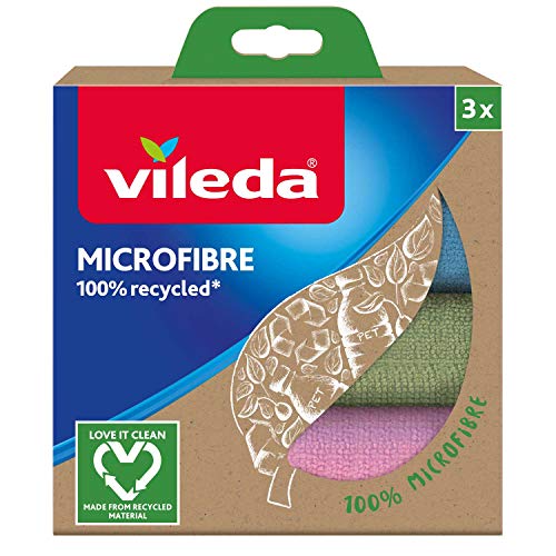 Vileda - Bayeta de microfibras recicladas, 100% microfibras, 3 bayetas hechas de botellas PET recicladas, multicolor