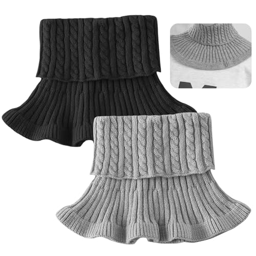 HERKINDNESS 2 Stück Rollkragen Einsatz Damen Gestrickte Rollkrageneinsatz Damen Weiche Abnehmbares Rollkragen Schal Fake Rollkragen Kragen in Schwarz und Grau für Dates und Alltagsoutfits