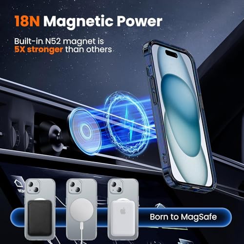 Image of Elzzi Translucent Clear Back Cover Compatible with iPhone 15, PC Shockproof Scratch Resistant, Non-Yellowing, Support Mag-Safe Wireless Magnetic Charging Case - Blue