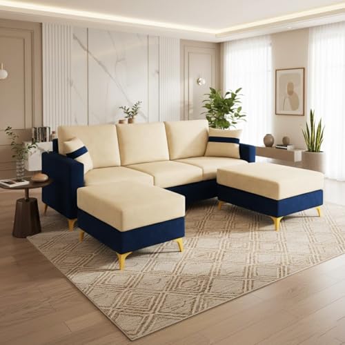 Image of Strike Dual Tone Plush 5 Seater L Shape Sofa Set with 2 Movable Ottomans| Flexible Layout | Silken Velvet Suede| Golden Metal Legs |for Living Rooms & Office Spaces (Dark Blue & Cream)