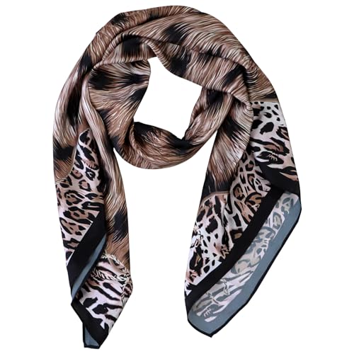 Foulard de tête en soie femme : grand carré satin multicolore 109cm écharpe cheveux léopard