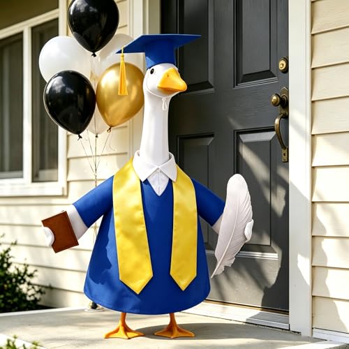 Teeanzo Graduation Porch Goose Outfit for 23 Porch Goose Holiday Graduation Cap and Gown Stoles Outdoor Garden Patio Yard Lawn Art Decoration (Blue)