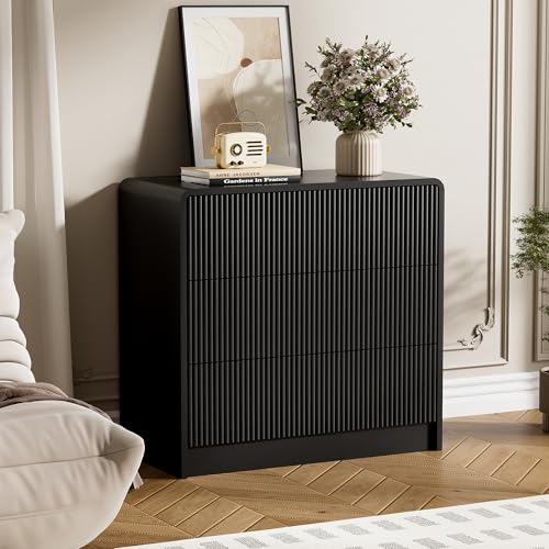 Image of Furniway Black 3 Drawer Dresser for Bedroom, 32 inch Wide Chest of Drawers
