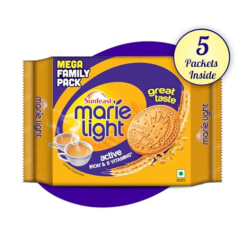 Image of Sunfeast Marie Light Active, Marie Biscuits with Iron and 6 Vitamins, Tea-Time Biscuits Family Pack, Wheat, 956G /1KG (Pack of 3)