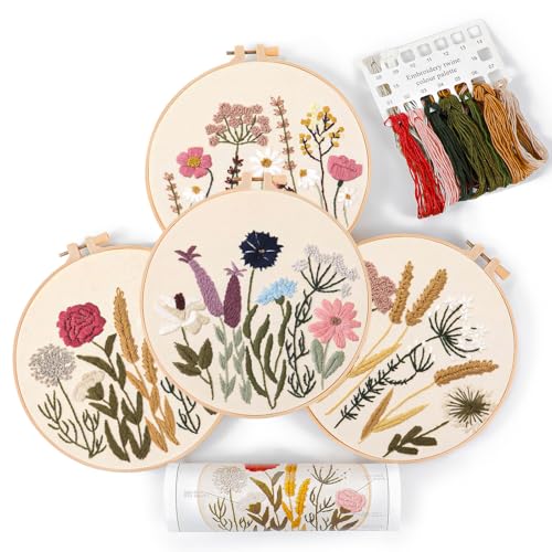 Image of 4 Sets Embroidery Kit for Beginners with Instructions Adults-Cross Stitch Kits for Beginner, Including Printed Embroidery Cloth with flower Patterns, Plastic Embroidery Rings, Colored Threads, Needles