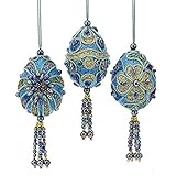 Kurt Adler PEACOCK MINIATURE EGG WITH TEAL CORDING, IRIDESCENT BEADS AND TEAL, GREEN, BLUE & LAVENDER GLITTER ORNAMENT - 3 ASSORTED