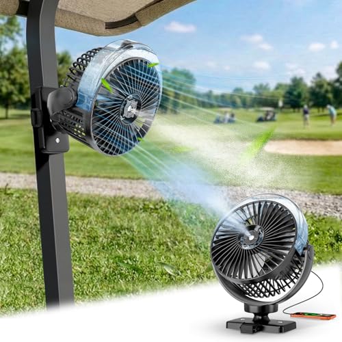 BOYISEN Golf Cart Misting Fan with 2x Magnets & Secure Strap 12000mAh Battery Operated Mister Cooling Fan with 4 Speeds LED Timer for EZGO Club Car Yamaha Golf Cart & Camping Accessories 1-Pack