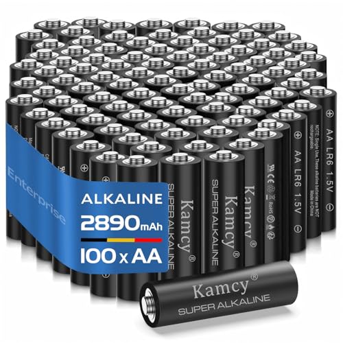 Pilas AA - Lote de 100 pilas | KAMCY Baterías Alcalinas AA LR6 1,5 V - Larga duración | Pilas Alcalinas AA para el Diario - Empresa, Paquete de Almacenamiento en Embalaje Ecológico
