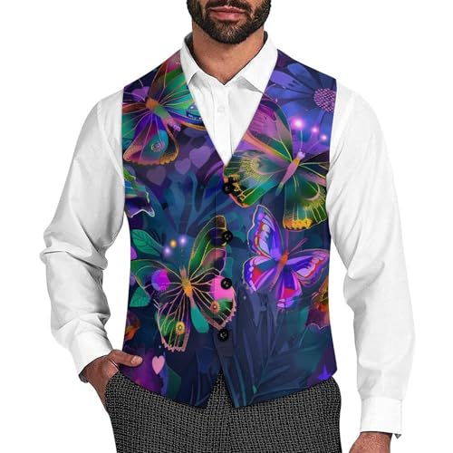 Colorful Butterflies Flowers Novelty Men's Suit Vest Casual Formal Dress Vests Business Waistcoat