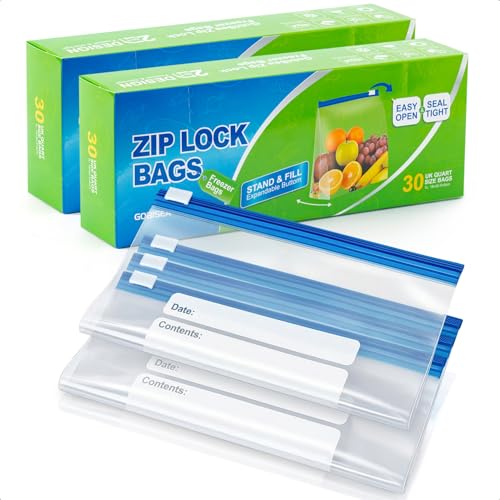 GobiSea 60-Pack Zip Lock Freezer Bags - 1L Ziplock Sandwich Bags Food Storage Bag Zip Seal BPA-Free Freezer Bag Ziplock with Expandable Bottom for Fruits Vegetables Meat Nuts