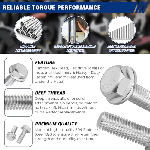 Image of M10-1.5 x 90mm Serrated Flange Hex Bolts + Flange Nut + Flat Washer + Lock Washer Combo Pack, 304 Stainless Steel 18-8, for Automotive & Machinery, 6 Sets