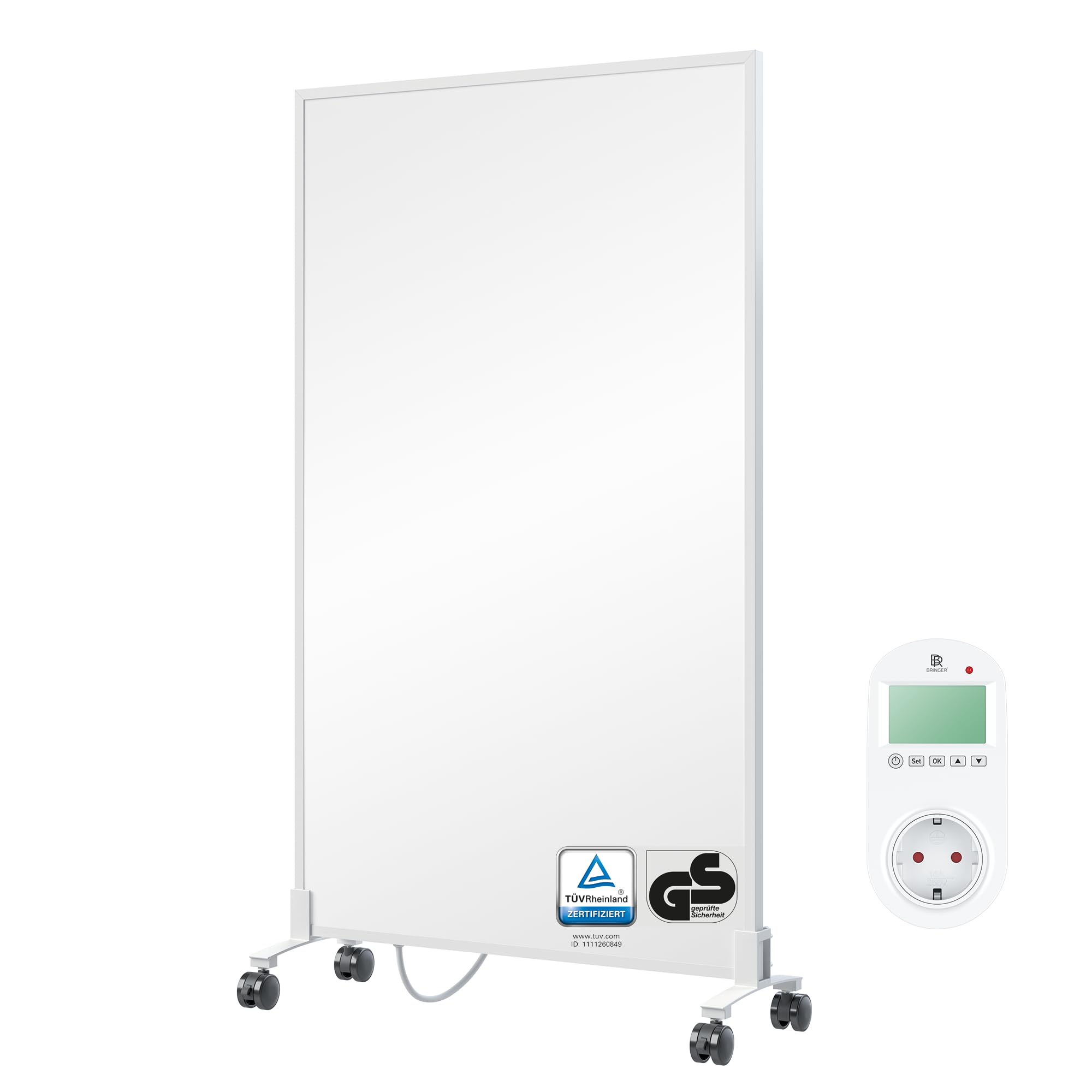 BR Bringer Infrarotheizung Standgerät - 600 Watt - Energiesparend - Mobile Elektroheizung mit Standfüßen auf Rollen, Steck-Thermostat - 5 Jahre Garantie, TÜV - Deutsche Qualitätsmarke (weiß)