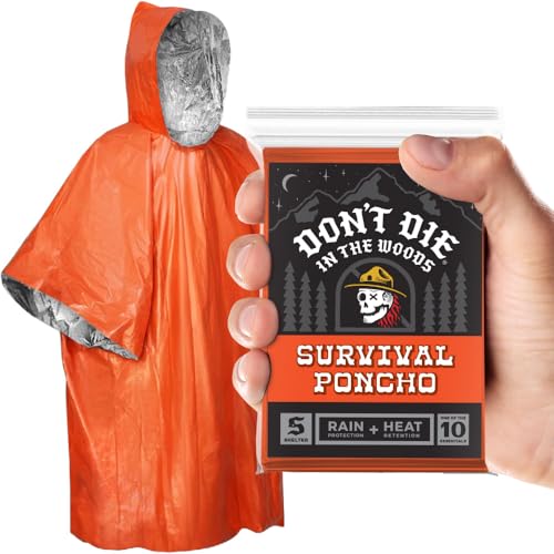 Dont Die In The Woods - Survival Poncho [1-Pack] - Rain Protection + Heat Retention - Wearable Emergency Space Blanket For Hiking Camping First Aid Kit Outdoor Gear (Orange)