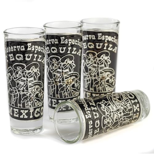 Handcrafted Mexican Shot Glass Set (4 pc) w/Repousse Aluminum Plaque (Mariachi)