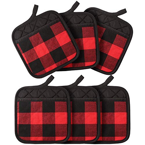 6 Pieces Valentine's Buffalo Check Pot Holders with Pocket, Classic Farmhouse Hot Pad Buffalo Plaid Cloth Potholders Heat Insulation Potholder for Kitchen Cooking Baking(Red Black)