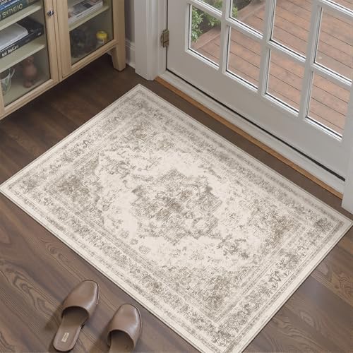 HUGEAR Vintage Teppich Wohnzimmer 240x300cm Indoor Schlafzimmer Carpet Beige Waschbar Retro Akzent Werfen Teppich Distressed Teppich für Büro Esszimmer Kinderzimmer