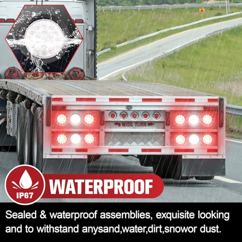 Image of 2PCS 4 Inch 19LED Red+White Round Led Trailer Tail Lights,Brake Stop Turn Signal Light w /Grommets,12V,IP67 Waterproof,3-Prong Wire Pigtails