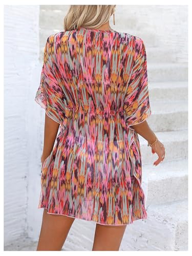 WDIRARA Women's Tie Dye Sheer Boho Chiffon Cover Up Tie Waist Beach Dress Deep V Neck Dolman Sleeve Coverups2