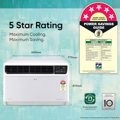 Image of LG 1.5 Ton 5 Star Wi-Fi DUAL Inverter Window AC (Copper, Convertible 4-in-1 cooling, 4 Way Air Swing, HD Filter, TW-Q18WWZA, White)