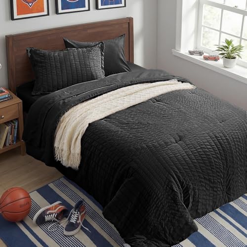 Image of Zzlpp Black Twin Comforter Set 5 Pieces, Seersucker Bed in a Bag with Comforter and Sheets, All Season Bedding Sets with 1 Comforter, 1 Pillow Sham, 1 Pillowcase, 1 Flat Sheet, 1 Fitted Sheet