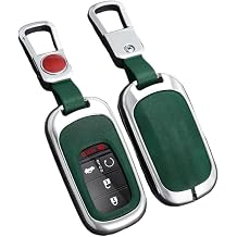 Key Fob Cover for Honda, Car Key Cover Leather+Zinc Alloy Key Fob Case for 2022-2025 Honda Accord Civic HRV CRV BRV Pilot Sport SI EX EX-L Touring Remote Key Silver&Green, Come with Key Hook