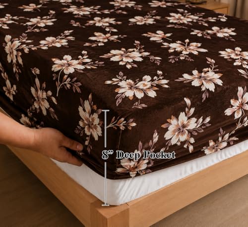 Image of Warm Flannel (Flano) King Size Winter Fitted Bedsheet | All Side Elastic Premium Winter Soft Velvet Furnishing Bed Sheet with 2 Big Pillow Cover Size - 72 x 78 X 8 Inches Chololate Brown