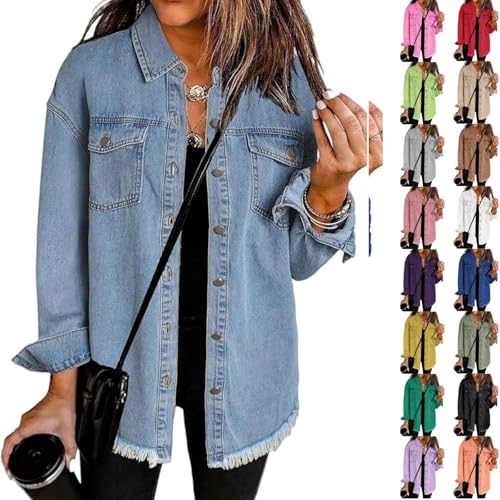 Jacket for Women Oversized Boyfriend Jean Shirts Button Up Frayed Hem Shacket Distressed Ripped Denim Jackets 2025