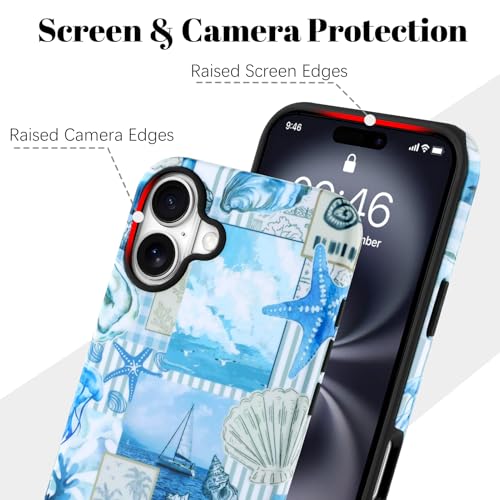 Image of Magnetic for iPhone 16 Plus Case [Compatible with Magsafe] Seashell Ocean Whale Collage Design, Full Body 2 in 1 Shockproof Scratch Resistant Protective Cover for Women Girl