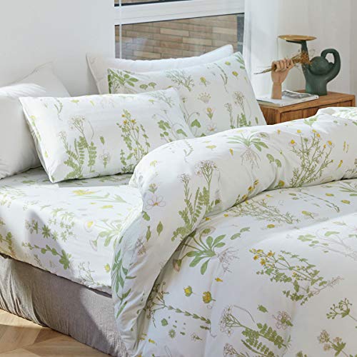Joyreap 3Pcs Botanical Comforter Set Full/Queen, Flowers N Leaves Print On Green Tint, Smooth Soft Microfiber Bedding Comforter Set For All Season, 1 Comforter N 2 Pillow Shams, 90X90 Inches #TOP3