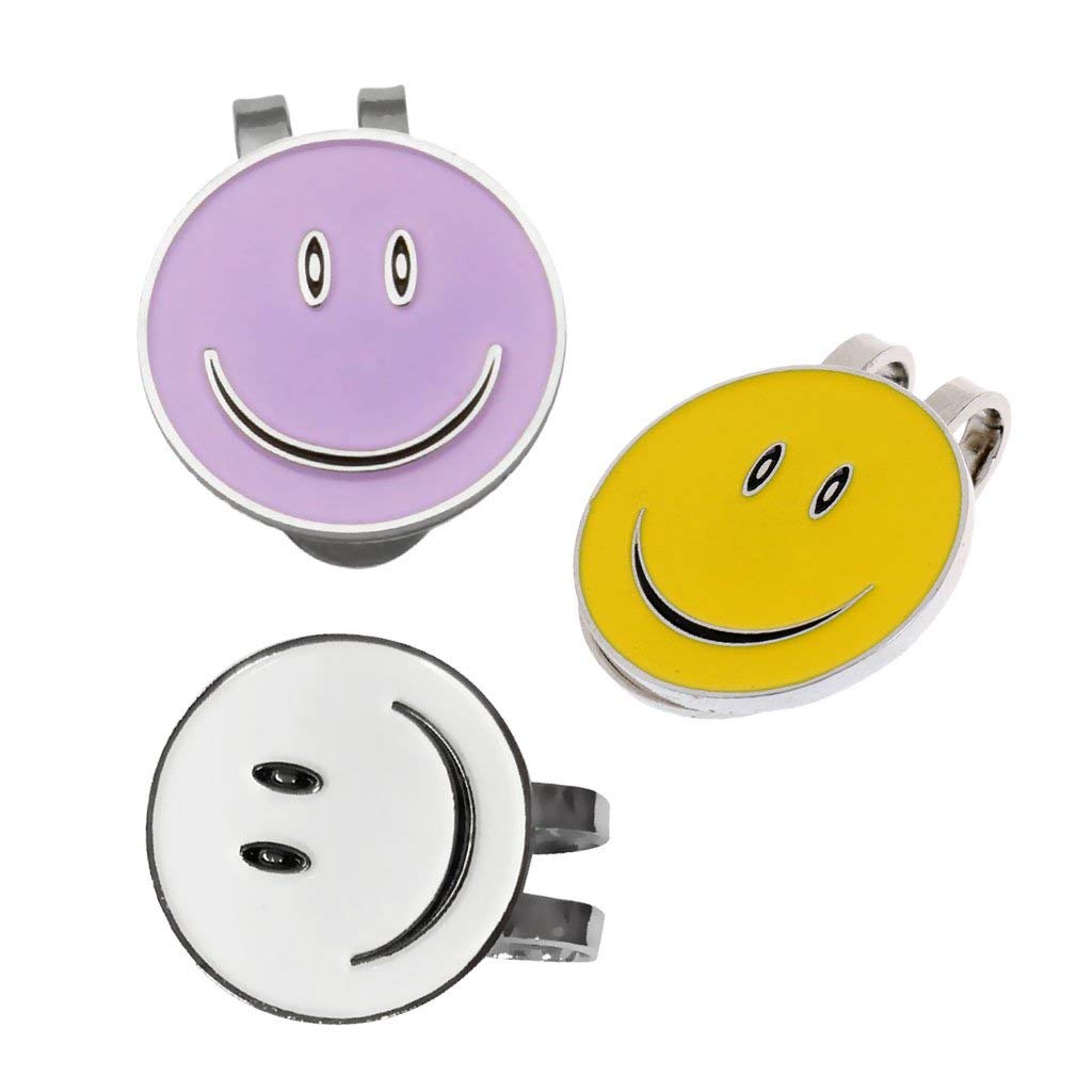 3 juegos de marcadores de pelota de golf con diseño de cara sonriente con clip magnético para gorra de golf (blanco + morado + amarillo)