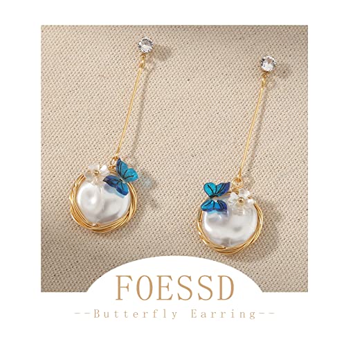 Foessd Butterfly Earrings - Summer Lightweight Butterfly Dangle Earrings Jewelry Pearl Flower Handmade Wire Wrap Gold Drop Earring Cottagecore Bridesmaid Wedding Beach Birthday Gifts For Women Girls #TOP2