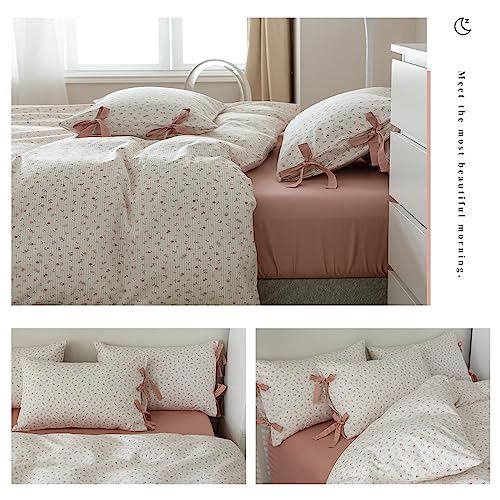 Pink Flower Duvet Cover Queen Vintage Garden Style Girls Comforter Cover Pink Stripes Bedding Set Cotton Rose Flower Comforter Cover with 2 Bow Ties Pillowcases Botanical Cottagecore Duvet Cover Set by LifeTB - Image 3