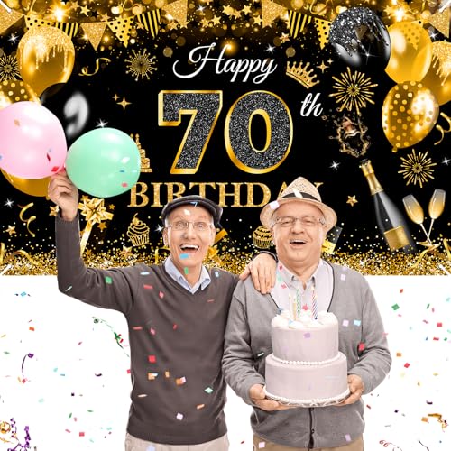 Image of Avezano Happy 70th Birthday Banner for Men Black and Rose Gold Glitter Balloon 70 Birthday Party Backdrop 70 Year Old Bday Photo Backdrop Party Supplies 70.8 x 43.3 Inch