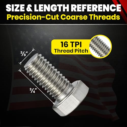 Image of Chenango Supply 3 /8-16 x 3 /4 inch Stainless Steel Hex Head Bolts - 304 Stainless, USS Coarse Thread, 100,000-125,000 PSI Tensile Strength, Corrosion-Resistant Hardware Bolts, (25 Pieces, 3 /8-16 x 75)