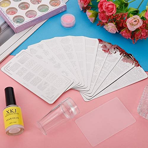 birdsunshine 10 Pcs Nail Stamping Plates, Flowers, Lace, Geometric Patterns Nail Art Stamping Templates Manicure Tool Kit, with 1 Stamper and 1 Scraper