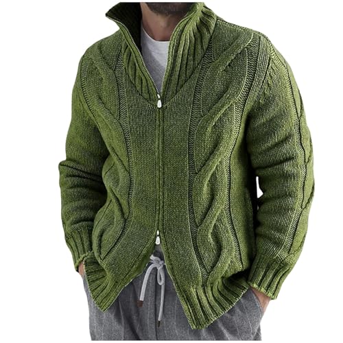 Mens Stand Neck Cardigan Sweater Cable Knit Full Zipper Closure Knitted Texture Fall Winter Sweaters Outerwear