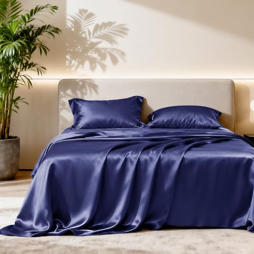 Image of Love's cabin Satin King Sheet Sets - 4 Piece Navy Blue Silky Sheets King Size Bed with Deep Pocket, Luxury Silk Feel King Size Satin Sheet Set (1 Flat Sheet,1 Fitted Sheet,2 Pillow Cases)