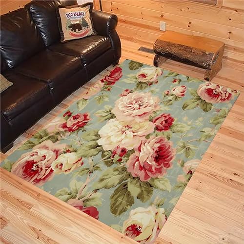 USHIRUG Floral Indoor Area Rug, 4x5ft, Vintage Pink Peony Flower Beautiful Art Non-Slip Rug, Lightweight Breathable Soft Girls Ladies Room Rug, Floral Rug for Living Room Bedroom Kitchen Home Decor
