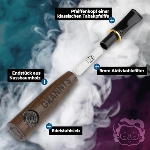 Granny's Premium Holzpfeife aus Nussbaum | 9 mm Filtereinsatz | Handgefertigt | Schmales Mundstück | Geschenkbox | inkl. 6 Aktivkohlefilter