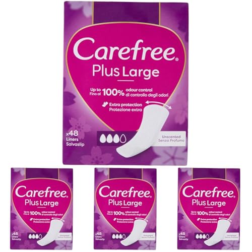 Carefree Plus Large, Sin fragancia, Protegeslips (48 unidades), protege slips absorbentes y transpirables de uso diario, extra largos con protección contra el mal olor (Paquete de 4)