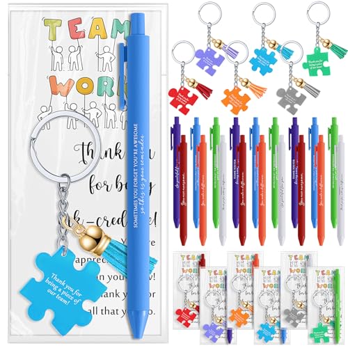 Sayglossy 18 Set Employee Appreciation Gifts Bulk for Teacher Nurse Nursing Assistant Volunteer Admin Staff Office Coworker, Team Work Pens Inspirational Puzzle Piece Keychains & Thank You Cards