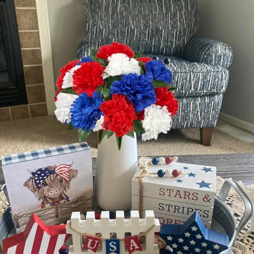 Image of 4PCS Memorial Day Flower Red White and Blue Chrysanthemum 13 inch Patriotic Flower Fake Silk Cemetery Flower Arrangement for July Independence Day Grave Centerpiece Home Decor(NO VASE)