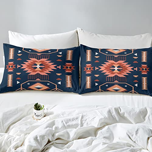 Homewish ZZRS541ZMD-CL_USTWIN Southwest American Fitted Sheet Twin Size Indian Tribal Aztec Style Deep Pocket Sheet Vintage Navy Blue Red Bedding Set 2Pcs thumb #4