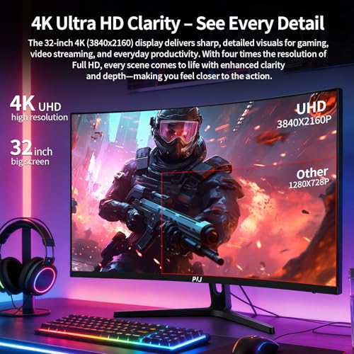 Image of PIJ 32 inch Curved Gaming Monitor 4K, 160Hz UHD PC Monitor Built-in Speakers, 1500R Computer Screen for Home Office Entertainment, DP, HDMI, VA Panel, Wall Mountable 75 * 75MM