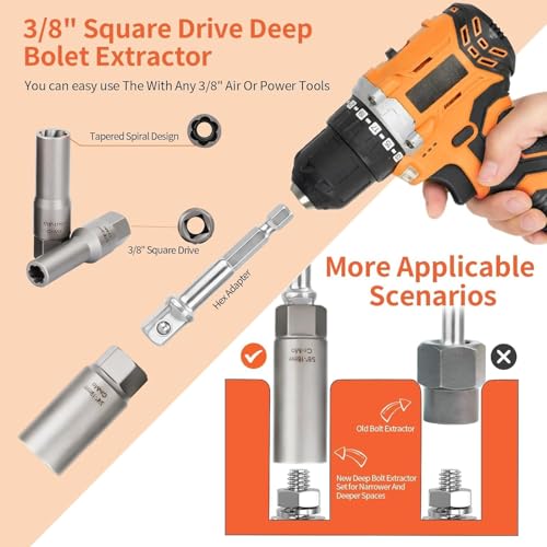 Image of XEWEA 11PCS Deep Spiral Bolt Extractor Kit, Bolt & Nut Remover Easy-Out Set, Deep Socket Tools For Removing Broken, Frozen, Rusted, Rounded-Off Bolts, Studs, Nuts & Screws,Friendly Narrow Spaces