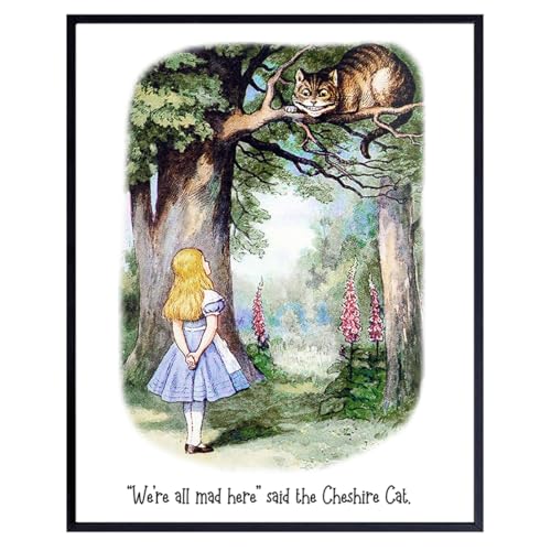 Alice Wonderland Wall Art & Decor - Girls, Kids Room Decor - We're All Mad Here - Cheshire Cat - Home Office Art - Nursery Wall Artwork - Kids Bedroom Picture - Print for Toddlers - A.A. Milne