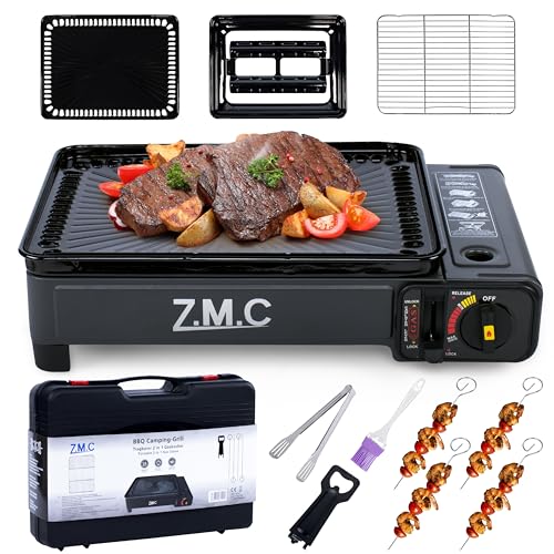 ZMC 2in1 Gas Kocher Campingkocher + Grillplatte + Grillgitter + 4 x Spieße mit Transportkoffer | Gasgrill Camping Kocher Herd | Gaskocher Tragbarer Gasbrenner Tischgrill für:Indoor/Outdoor